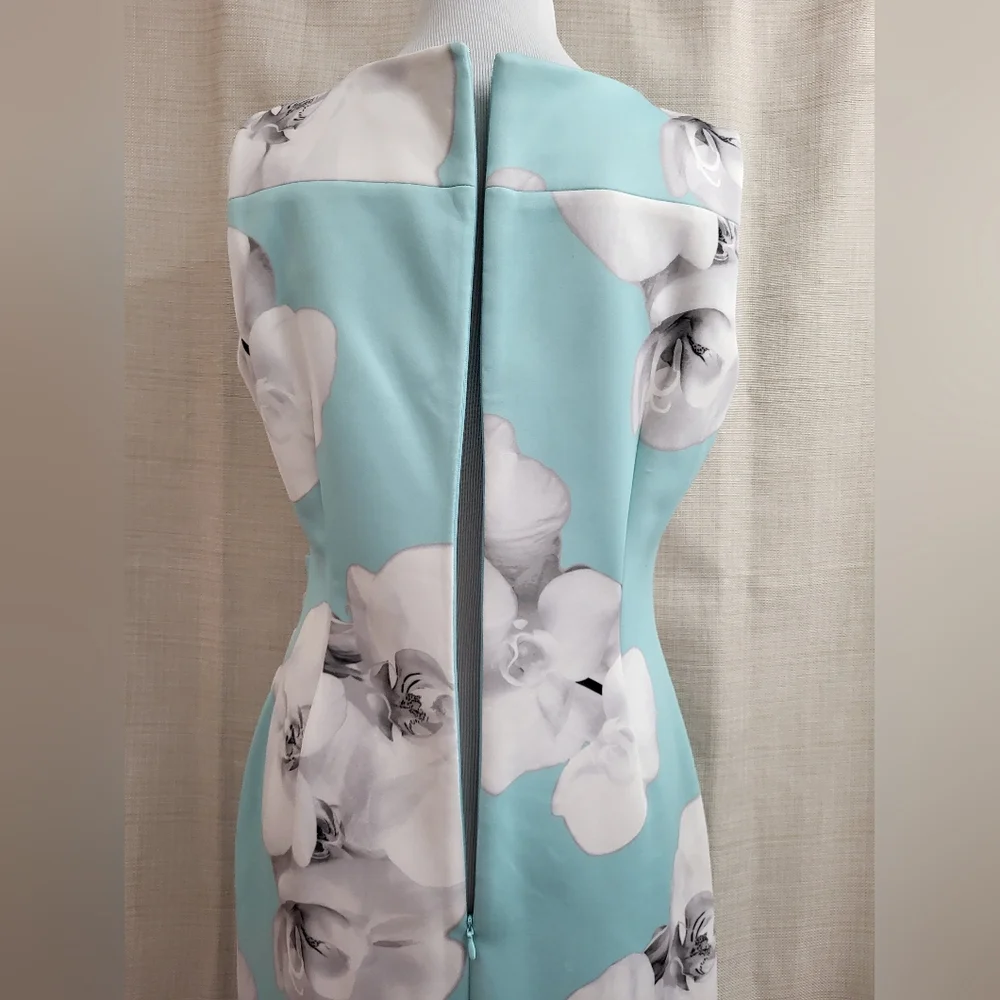 Calvin Klein Midi Sheath Dress Robin Egg Blue White Floral Church Career Size 12 - Picture 9 of 12
